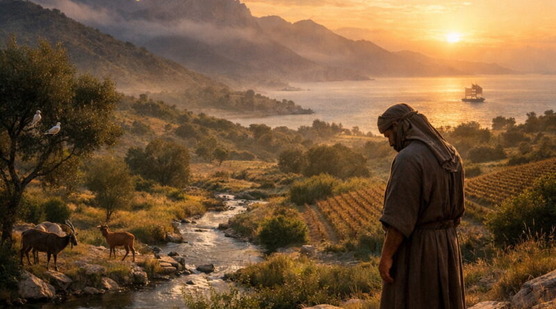 Shepherd overlooking a life-filled biblical landscape of mountains, waters, animals, and fields, reflecting Psalm 104’s praise of God’s creation and provision.