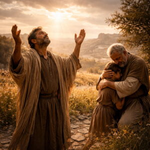 Photorealistic biblical-era scene of a man praising God at sunrise while a father comforts a child, symbolizing Psalm 103 forgiveness, compassion, and mercy.
