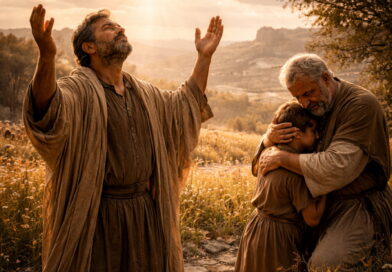 Photorealistic biblical-era scene of a man praising God at sunrise while a father comforts a child, symbolizing Psalm 103 forgiveness, compassion, and mercy.