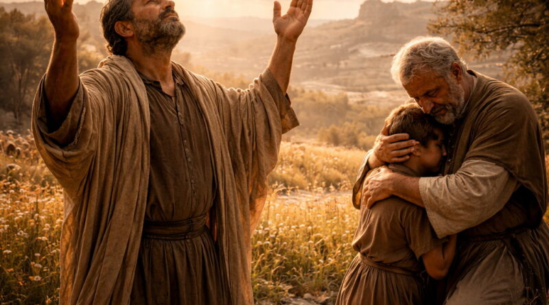 Photorealistic biblical-era scene of a man praising God at sunrise while a father comforts a child, symbolizing Psalm 103 forgiveness, compassion, and mercy.
