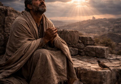 Photorealistic biblical-era scene of an afflicted man praying alone on a ruined rooftop with distant Zion on the horizon, reflecting Psalm 102’s lament and hope.