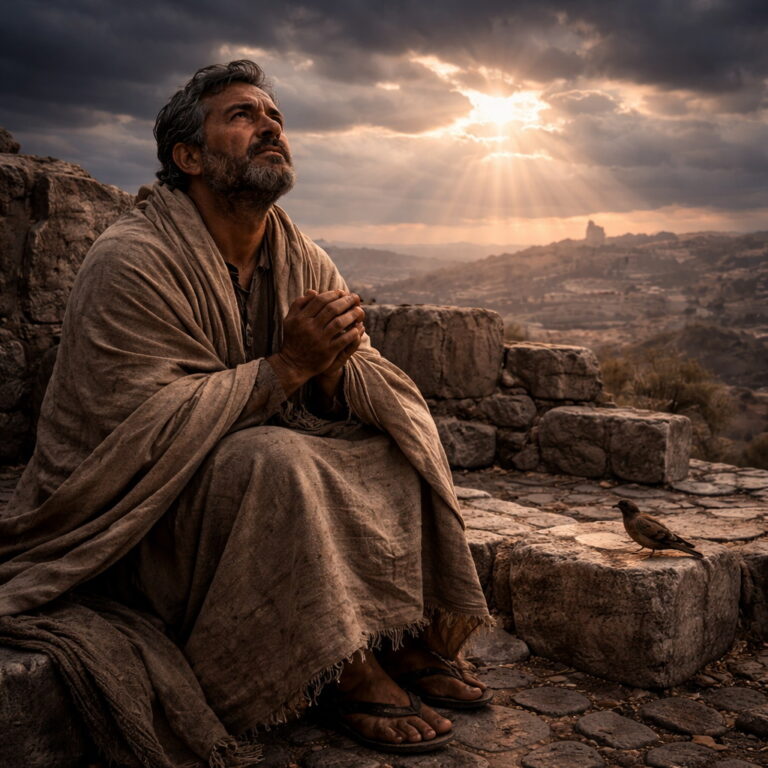 Psalm 102 — Prayer in Affliction and Enduring Hope - Holy Bible | Evangelium Of Grace Photorealistic biblical-era scene of an afflicted man praying alone on a ruined rooftop with distant Zion on the horizon, reflecting Psalm 102’s lament and hope.