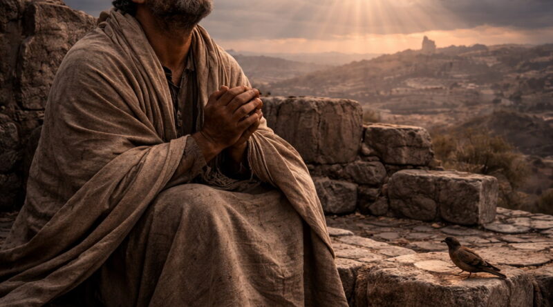 Photorealistic biblical-era scene of an afflicted man praying alone on a ruined rooftop with distant Zion on the horizon, reflecting Psalm 102’s lament and hope.