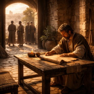 Photorealistic biblical-era scene of a humble king reading a scroll in an ancient palace courtyard, rejecting corrupt influences and committing to integrity, reflecting Psalm 101.