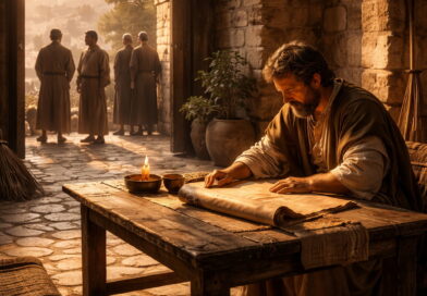 Photorealistic biblical-era scene of a humble king reading a scroll in an ancient palace courtyard, rejecting corrupt influences and committing to integrity, reflecting Psalm 101.