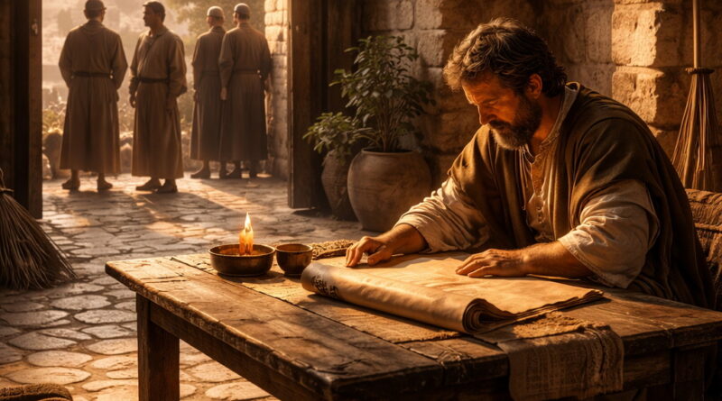 Photorealistic biblical-era scene of a humble king reading a scroll in an ancient palace courtyard, rejecting corrupt influences and committing to integrity, reflecting Psalm 101.