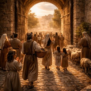 Photorealistic biblical-era scene of Israelites entering an ancient city gate with gratitude and song, with a shepherd and sheep nearby, reflecting Psalm 100 worship.