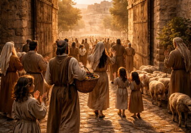 Photorealistic biblical-era scene of Israelites entering an ancient city gate with gratitude and song, with a shepherd and sheep nearby, reflecting Psalm 100 worship.