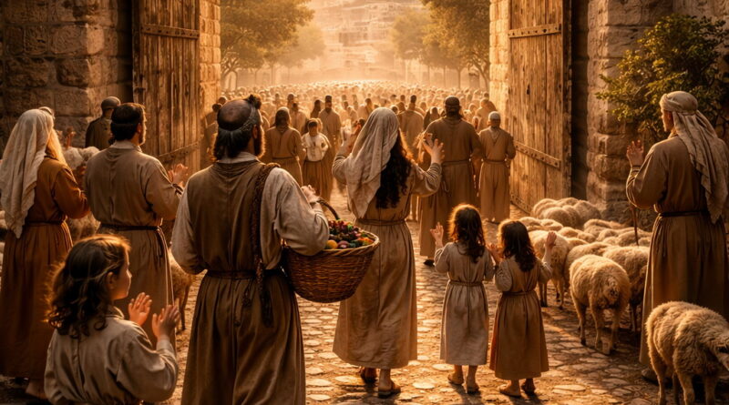 Photorealistic biblical-era scene of Israelites entering an ancient city gate with gratitude and song, with a shepherd and sheep nearby, reflecting Psalm 100 worship.
