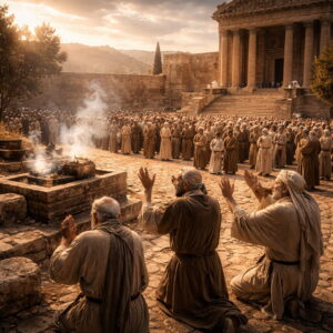 Photorealistic biblical-era worship scene with Israelites bowing in reverence near a sacred courtyard and praying intercessors, reflecting the LORD’s holiness in Psalm 99.