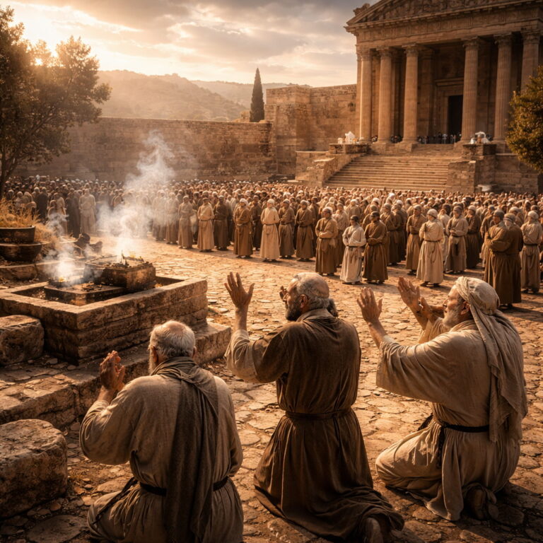 Photorealistic biblical-era worship scene with Israelites bowing in reverence near a sacred courtyard and praying intercessors, reflecting the LORD’s holiness in Psalm 99.