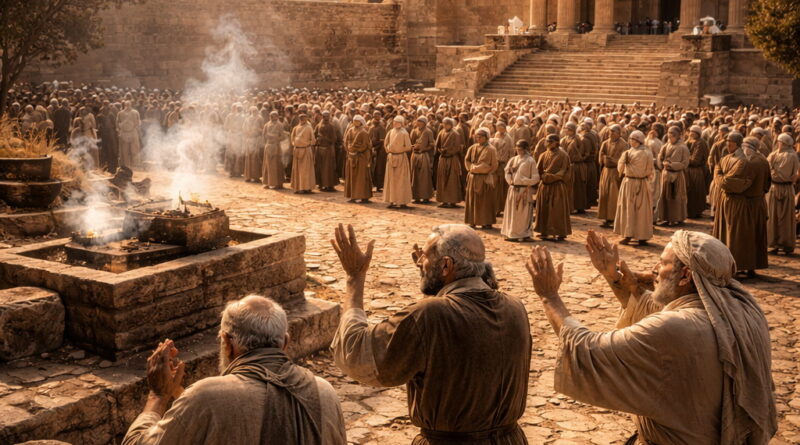 Photorealistic biblical-era worship scene with Israelites bowing in reverence near a sacred courtyard and praying intercessors, reflecting the LORD’s holiness in Psalm 99.