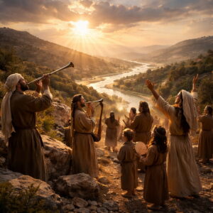 Photorealistic biblical-era worship scene with Israelites singing and playing ancient instruments at sunrise near a river, reflecting Psalm 98’s new song and righteous judgment.