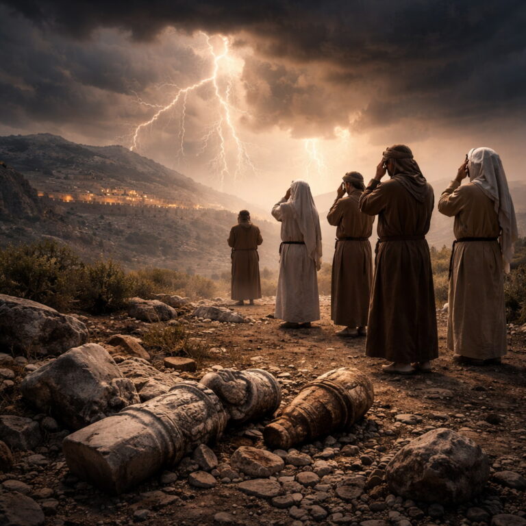 Photorealistic biblical-era scene of worshipers in awe under storm clouds with lightning, broken idols in the foreground, symbolizing the LORD’s reign in Psalm 97.