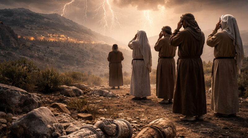 Photorealistic biblical-era scene of worshipers in awe under storm clouds with lightning, broken idols in the foreground, symbolizing the LORD’s reign in Psalm 97.