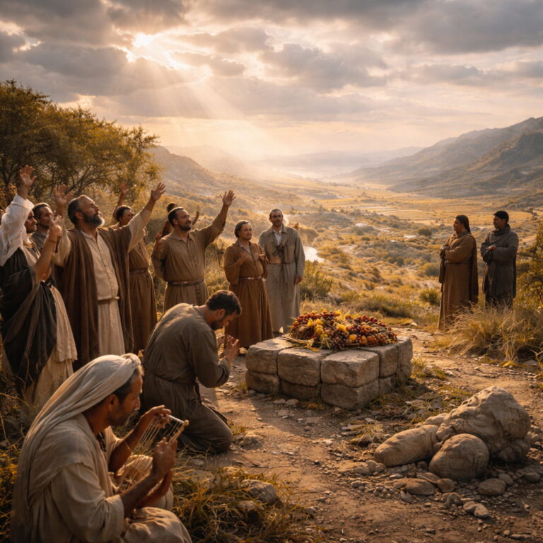 Photorealistic biblical-era gathering of nations singing on a hill near a simple altar with offerings, with a broken idol nearby, reflecting Psalm 96’s call to declare God’s glory and rejoice at His righteous judgment.