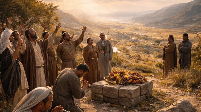 Photorealistic biblical-era gathering of nations singing on a hill near a simple altar with offerings, with a broken idol nearby, reflecting Psalm 96’s call to declare God’s glory and rejoice at His righteous judgment.