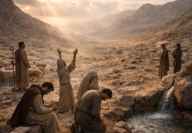 Photorealistic Israelite worship scene in the wilderness with a shepherd and flock near water from a rock, contrasting obedient worship with hardened hearts, reflecting Psalm 95.