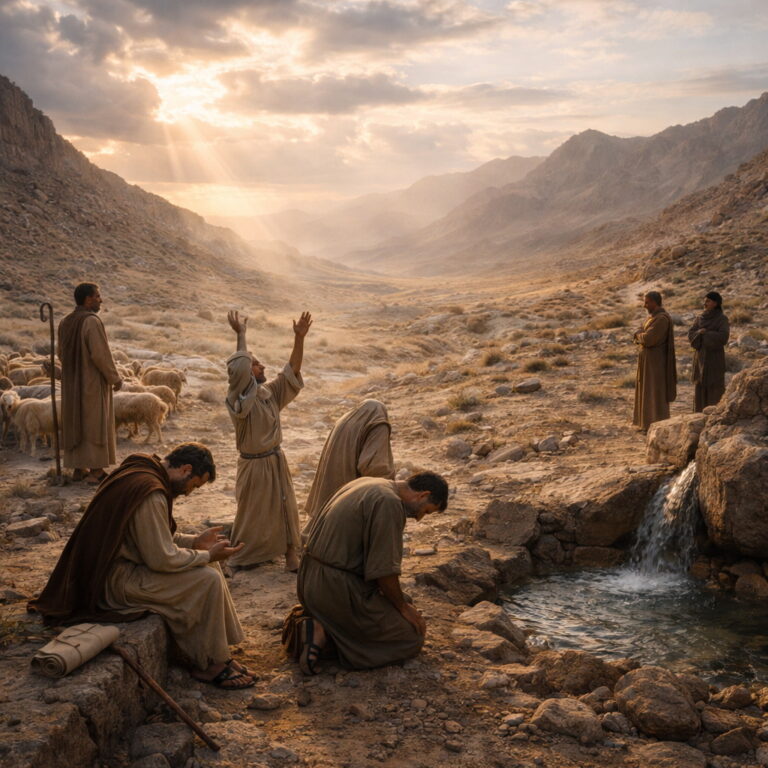 Photorealistic Israelite worship scene in the wilderness with a shepherd and flock near water from a rock, contrasting obedient worship with hardened hearts, reflecting Psalm 95.