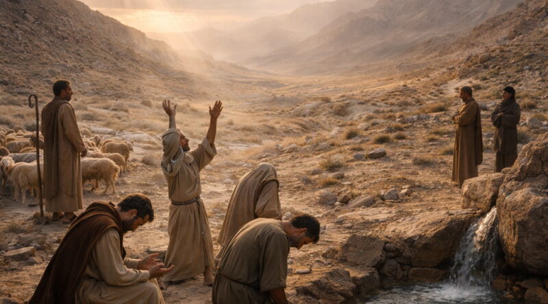 Photorealistic Israelite worship scene in the wilderness with a shepherd and flock near water from a rock, contrasting obedient worship with hardened hearts, reflecting Psalm 95.