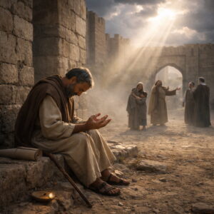 Psalm 94 — The God Who Sees and Judges - Holy Bible | Evangelium Of Grace Photorealistic biblical-era scene at a city gate with a praying Israelite and vulnerable people, while arrogant officials stand apart, reflecting Psalm 94’s cry for justice and God’s comfort.