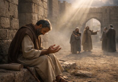 Photorealistic biblical-era scene at a city gate with a praying Israelite and vulnerable people, while arrogant officials stand apart, reflecting Psalm 94’s cry for justice and God’s comfort.