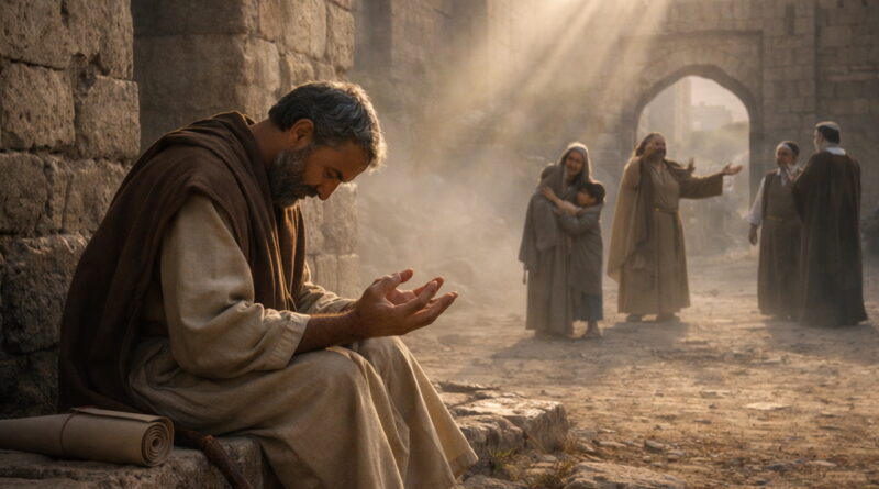 Photorealistic biblical-era scene at a city gate with a praying Israelite and vulnerable people, while arrogant officials stand apart, reflecting Psalm 94’s cry for justice and God’s comfort.