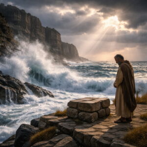 Photorealistic rocky coast with roaring waves and a lone worshiper near an ancient stone altar, showing Psalm 93’s message that the LORD reigns above the floods in holiness.