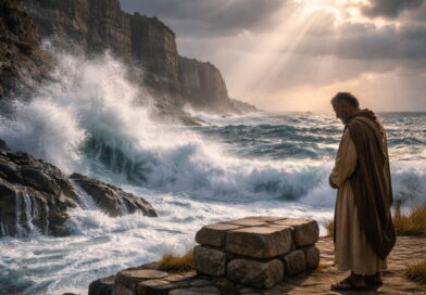 Photorealistic rocky coast with roaring waves and a lone worshiper near an ancient stone altar, showing Psalm 93’s message that the LORD reigns above the floods in holiness.