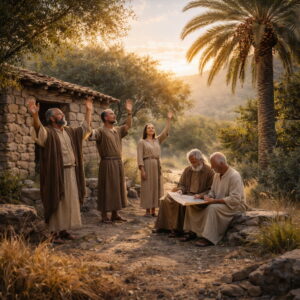 Photorealistic biblical-era Sabbath worship scene with grateful Israelites near flourishing palm and strong trees, contrasting with withering grass to reflect Psalm 92.