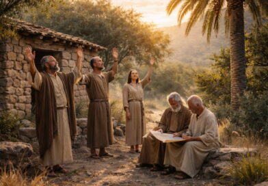 Photorealistic biblical-era Sabbath worship scene with grateful Israelites near flourishing palm and strong trees, contrasting with withering grass to reflect Psalm 92.