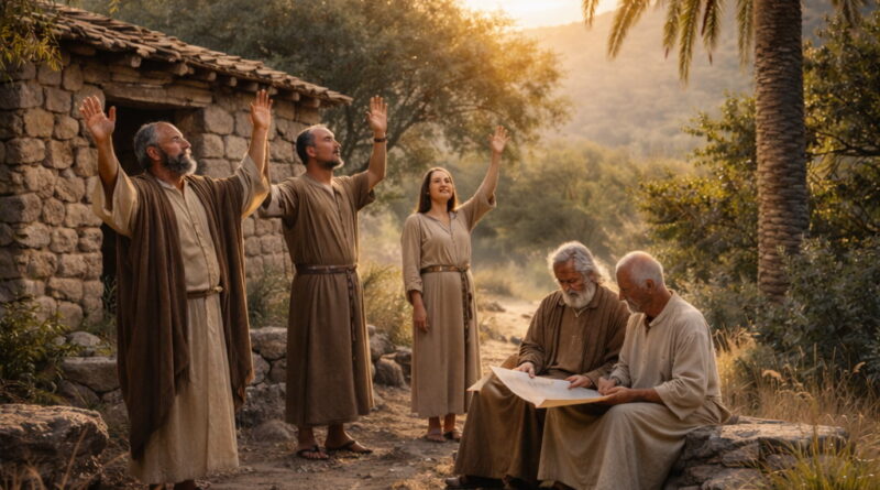 Photorealistic biblical-era Sabbath worship scene with grateful Israelites near flourishing palm and strong trees, contrasting with withering grass to reflect Psalm 92.