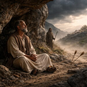 Photorealistic biblical-era man praying in a rocky shelter as storms and distant dangers remain outside, reflecting Psalm 91’s refuge, protection, and deliverance.