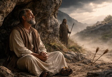 Photorealistic biblical-era man praying in a rocky shelter as storms and distant dangers remain outside, reflecting Psalm 91’s refuge, protection, and deliverance.