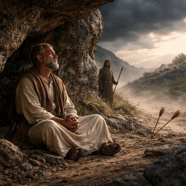 Photorealistic biblical-era man praying in a rocky shelter as storms and distant dangers remain outside, reflecting Psalm 91’s refuge, protection, and deliverance.
