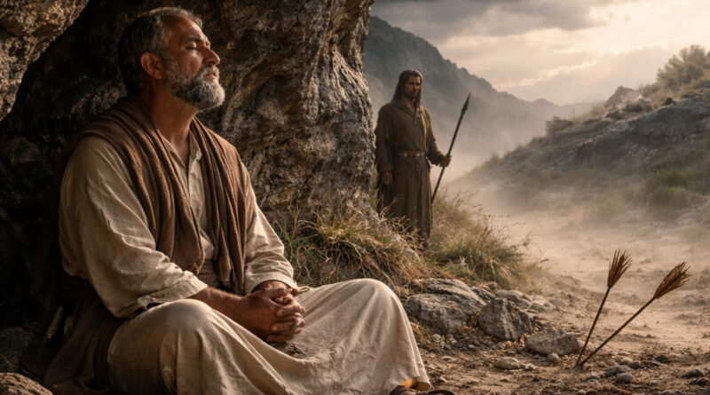 Photorealistic biblical-era man praying in a rocky shelter as storms and distant dangers remain outside, reflecting Psalm 91’s refuge, protection, and deliverance.