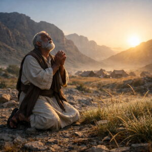 Photorealistic Moses praying in the wilderness as dew-covered grass withers under the rising sun, reflecting Psalm 90’s message of God’s eternity and human mortality.