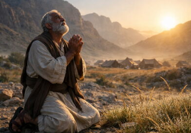 Photorealistic Moses praying in the wilderness as dew-covered grass withers under the rising sun, reflecting Psalm 90’s message of God’s eternity and human mortality.