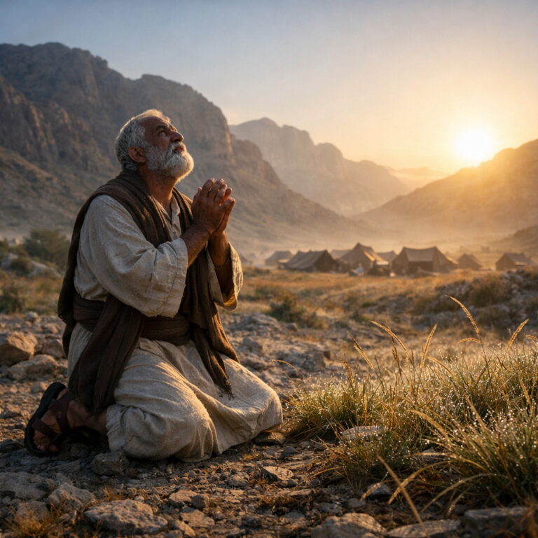 Photorealistic Moses praying in the wilderness as dew-covered grass withers under the rising sun, reflecting Psalm 90’s message of God’s eternity and human mortality.