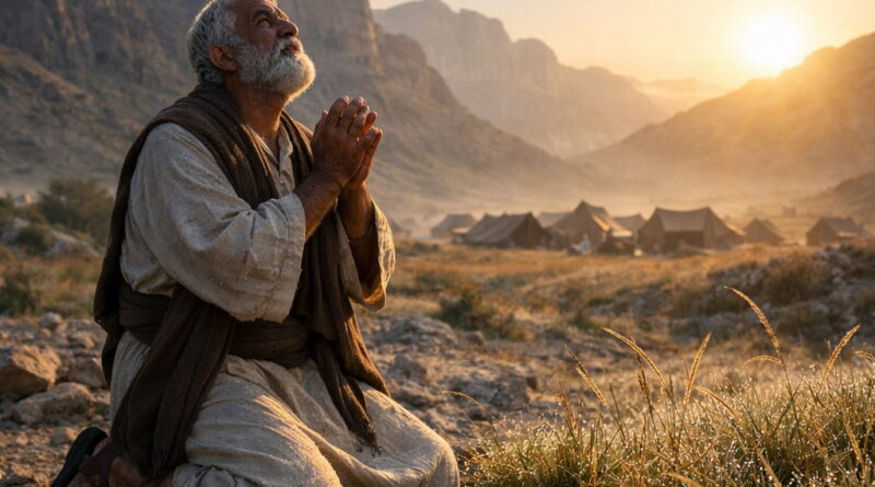 Photorealistic Moses praying in the wilderness as dew-covered grass withers under the rising sun, reflecting Psalm 90’s message of God’s eternity and human mortality.