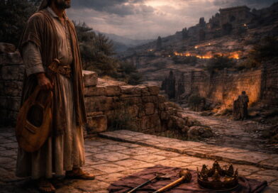 A Levite singer stands on a Jerusalem terrace at dusk beside a crown and broken scepter, with damaged city walls behind him, reflecting Psalm 89’s covenant faithfulness and lament