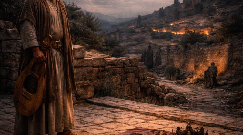 A Levite singer stands on a Jerusalem terrace at dusk beside a crown and broken scepter, with damaged city walls behind him, reflecting Psalm 89’s covenant faithfulness and lament