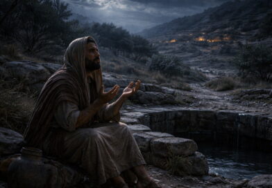 A solitary ancient Israelite prays beside a dark cistern at night outside a distant village, reflecting Psalm 88’s lament of isolation, suffering, and unanswered prayer