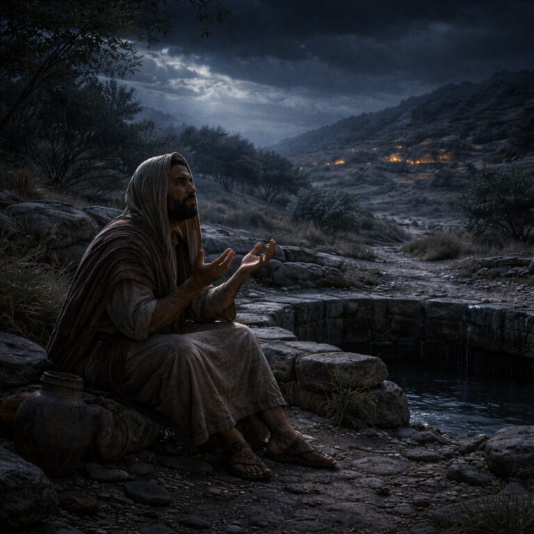 A solitary ancient Israelite prays beside a dark cistern at night outside a distant village, reflecting Psalm 88’s lament of isolation, suffering, and unanswered prayer