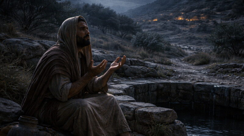 A solitary ancient Israelite prays beside a dark cistern at night outside a distant village, reflecting Psalm 88’s lament of isolation, suffering, and unanswered prayer