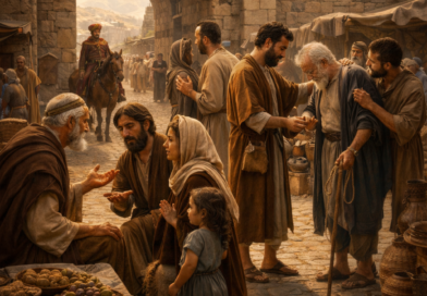 At an ancient city gate, an elder judges fairly for the poor and widow while neighbors feed a stranger and help a blind man, reflecting Psalm 146’s call to trust God.