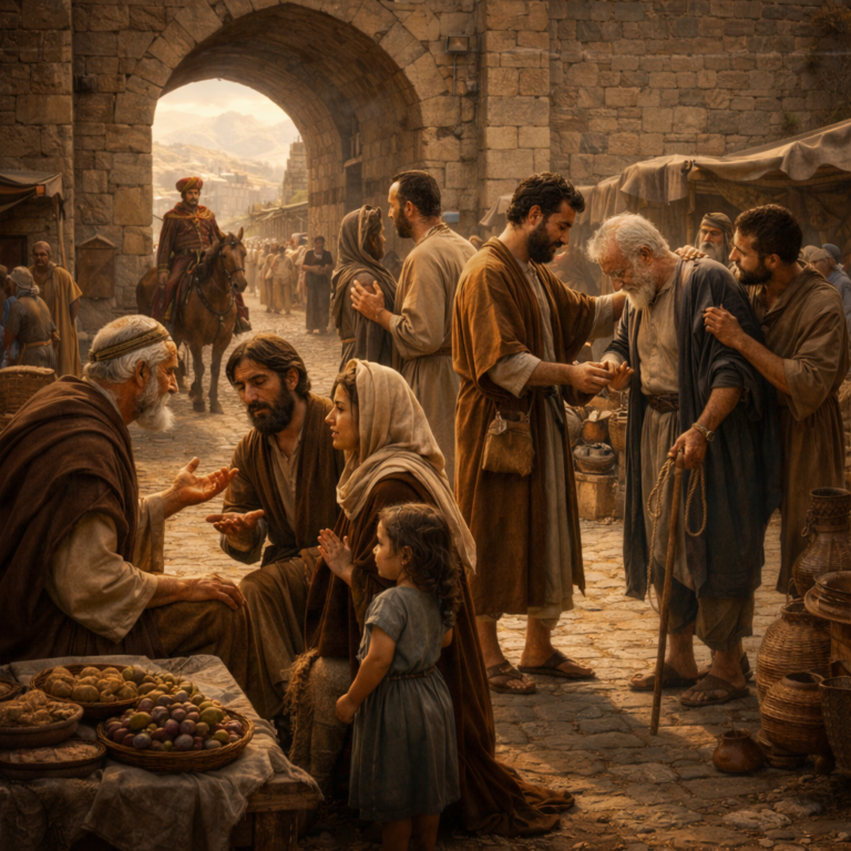 At an ancient city gate, an elder judges fairly for the poor and widow while neighbors feed a stranger and help a blind man, reflecting Psalm 146’s call to trust God.