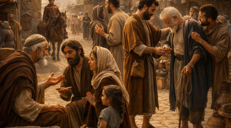 At an ancient city gate, an elder judges fairly for the poor and widow while neighbors feed a stranger and help a blind man, reflecting Psalm 146’s call to trust God.