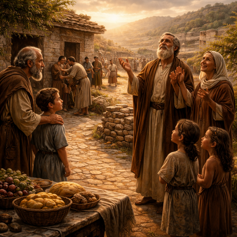 A multi-generational Israelite community in a village courtyard lifts hands in gratitude as elders teach children, reflecting Psalm 145’s daily praise and God’s mercy.