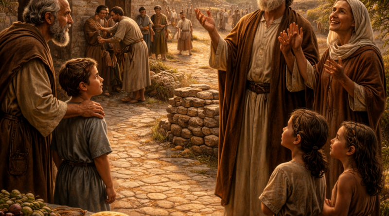 A multi-generational Israelite community in a village courtyard lifts hands in gratitude as elders teach children, reflecting Psalm 145’s daily praise and God’s mercy.